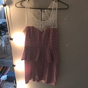 Pink and cream polka dotted dress with lace straps